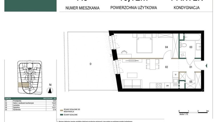 Rzut - Mieszkanie na sprzedaż 2 pokoje o powierzchni 46,12 m² - numer A8 w Drago