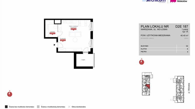 Rzut - Mieszkanie na sprzedaż 1 pokój o powierzchni 40,45 m² - numer D2E 187 w Modern Mokotów etap 4, budynek D1 i D2