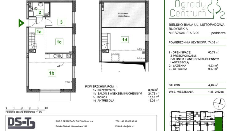 Rzut - Mieszkanie na sprzedaż 2 pokoje o powierzchni 74,32 m² - numer A.3.29 w Ogrody Centrum 2