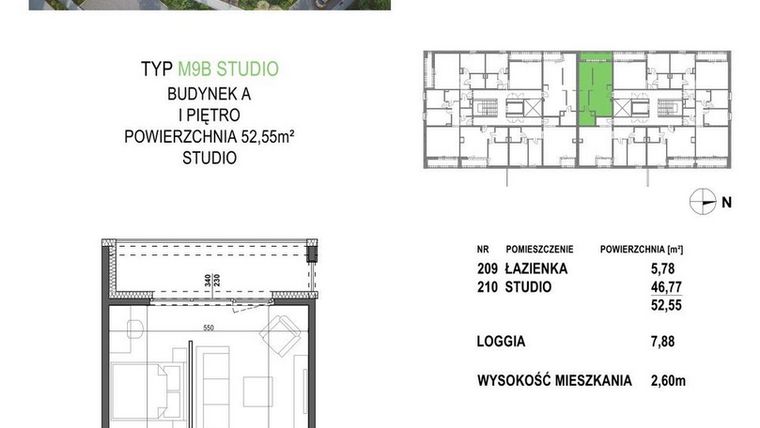 Rzut - Mieszkanie na sprzedaż 1 pokój o powierzchni 52,55 m² - numer M9B.P2 w Apartamenty Żorska