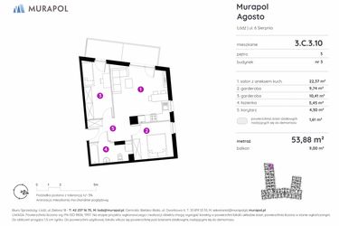 Rzut - Mieszkanie na sprzedaż 1 pokój o powierzchni 53,88 m² - numer 3.C.3.10 w Murapol Agosto