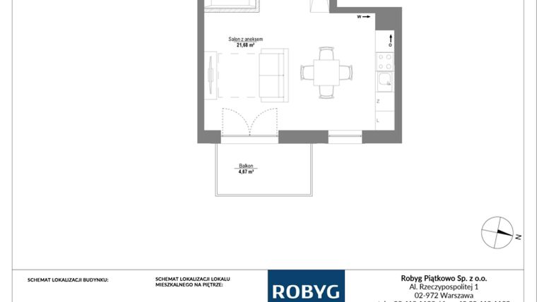 Rzut - Mieszkanie na sprzedaż 1 pokój o powierzchni 32,66 m² - numer E.1M13 w Początek Piątkowo bud. E