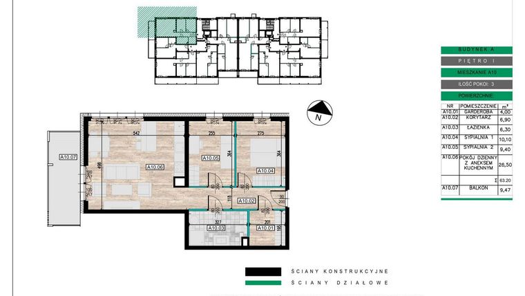Rzut - Mieszkanie na sprzedaż 3 pokoje o powierzchni 63,05 m² - numer A10 w Lwowska 14