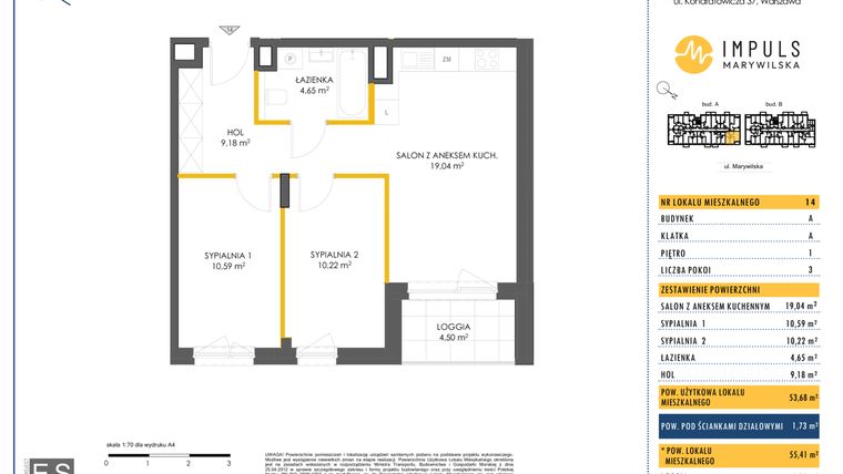 Rzut - Mieszkanie na sprzedaż 3 pokoje o powierzchni 53,68 m² - numer A/14 w Impuls Marywilska