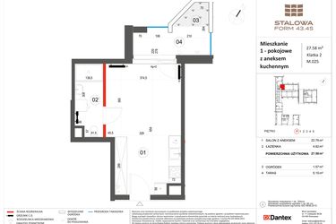 Rzut - Mieszkanie na sprzedaż 1 pokój o powierzchni 27,58 m² - numer 25 w Stalowa Form 43.45