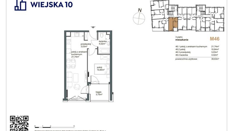Rzut - Mieszkanie na sprzedaż 2 pokoje o powierzchni 39,63 m² - numer 46 w Wiejska 10