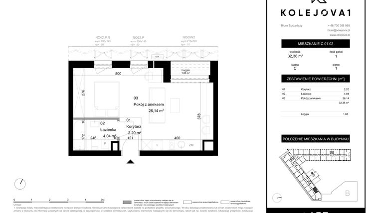 Rzut - Mieszkanie na sprzedaż 1 pokój o powierzchni 32,38 m² - numer C-01-02 w Kolejova 1