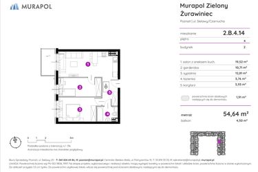 Rzut - Mieszkanie na sprzedaż 2 pokoje o powierzchni 54,26 m² - numer 2.B.4.14 w Murapol Zielony Żurawiniec