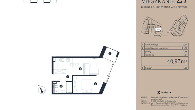 Rzut - Mieszkanie na sprzedaż 2 pokoje o powierzchni 40,97 m² - numer M27 w Pratum Apartamenty Etap I