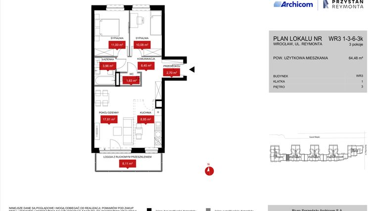 Rzut - Mieszkanie na sprzedaż 3 pokoje o powierzchni 64,48 m² - numer WR3 1/3/6/3k w Przystań Reymonta etap II