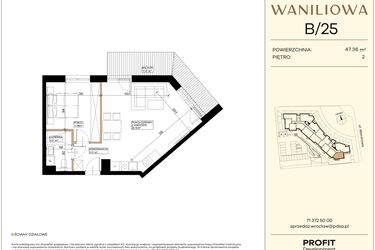 Rzut - Mieszkanie na sprzedaż 2 pokoje o powierzchni 47,36 m² - numer WA2/B/25 w Waniliowa