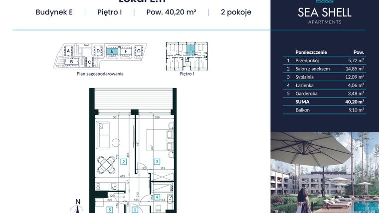 Rzut - Mieszkanie na sprzedaż 2 pokoje o powierzchni 40,2 m² - numer E.11 w Magiczny Łukęcin