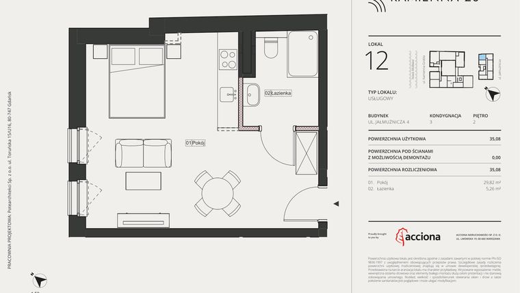 Rzut - Mieszkanie na sprzedaż 1 pokój o powierzchni 35,08 m² - numer 4.12 w Kamienna 28 - apartamenty inwestycyjne