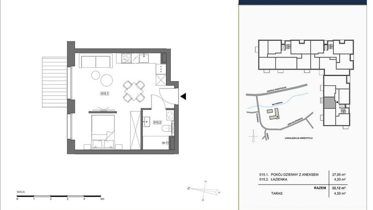 Rzut - Mieszkanie na sprzedaż 1 pokój o powierzchni 32,12 m² - numer A.015 w Nowa Młynówka