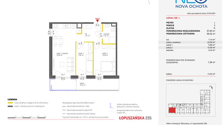 Rzut - Mieszkanie na sprzedaż 3 pokoje o powierzchni 57,6 m² - numer 2 w Neo Nova Ochota