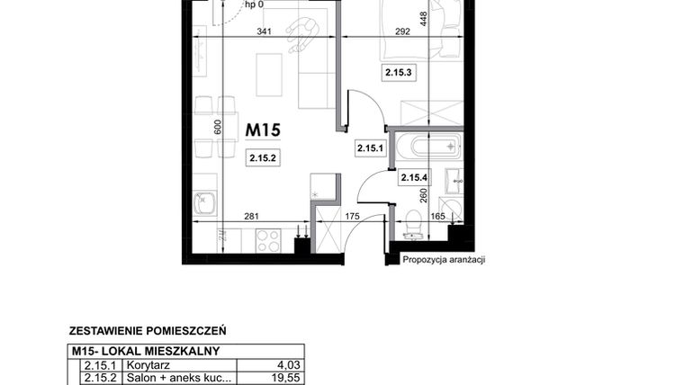 Rzut - Mieszkanie na sprzedaż 2 pokoje o powierzchni 40,81 m² - numer M15 w Miejska Premium II