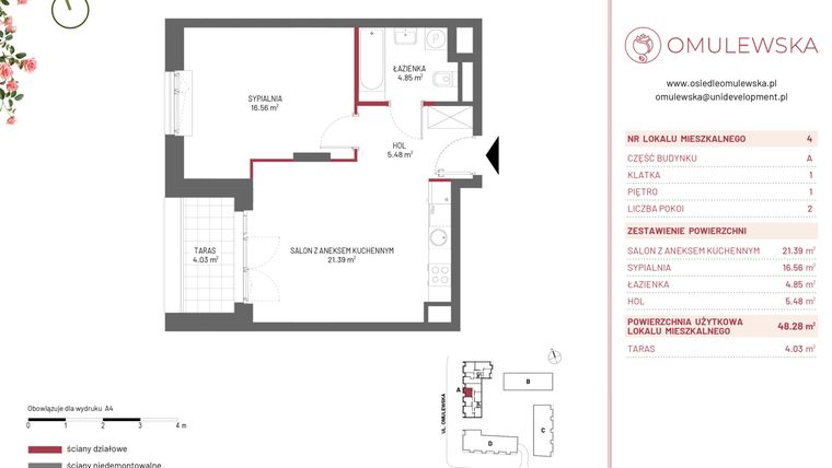 Rzut - Mieszkanie na sprzedaż 2 pokoje o powierzchni 48,28 m² - numer A/4 w Omulewska