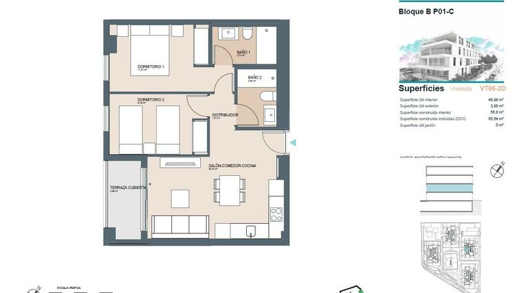 Rzut - Mieszkanie na sprzedaż 2 pokoje o powierzchni 65 m² - numer 1-D w Apartamenty w Benicasim - 40302107