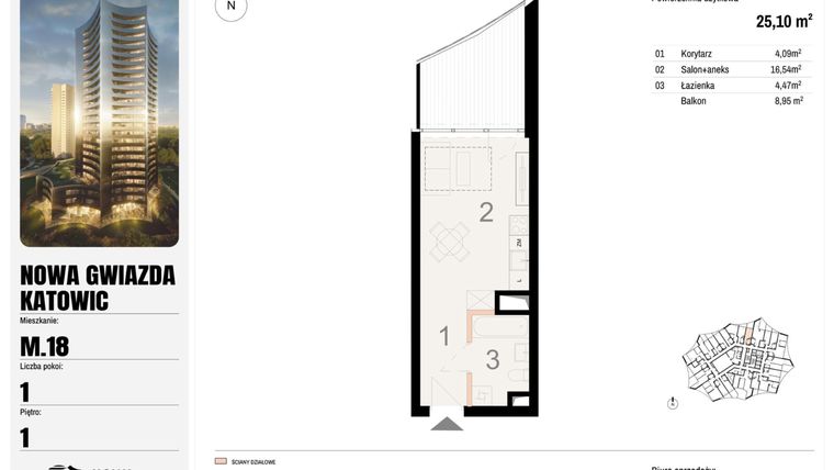 Rzut - Mieszkanie na sprzedaż 1 pokój o powierzchni 25,1 m² - numer M.18 w Nowa Gwiazda