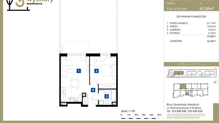 Rzut - Mieszkanie na sprzedaż 2 pokoje o powierzchni 43,58 m² - numer M.A08 w 3 Wymiary Bronowice