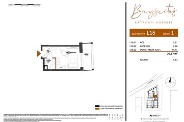 Rzut - Mieszkanie na sprzedaż 1 pokój o powierzchni 20,97 m² - numer AP.1.16 w Baysuites