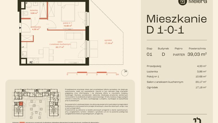 Rzut - Mieszkanie na sprzedaż 2 pokoje o powierzchni 39,03 m² - numer D1-0-1 w Osiedle Meiera