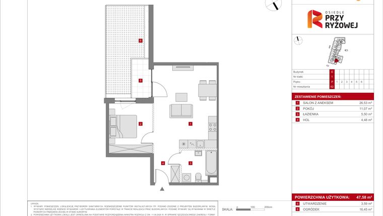Rzut - Mieszkanie na sprzedaż 2 pokoje o powierzchni 47,58 m² - numer E.62 w Osiedle Przy Ryżowej etap II