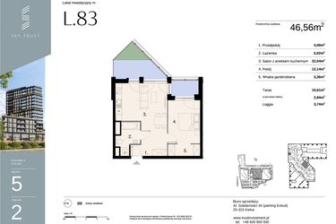Rzut - Mieszkanie na sprzedaż 2 pokoje o powierzchni 46,56 m² - numer L83 w Sky Trust etap II - apartamenty inwestycyjne 23% VAT PRS