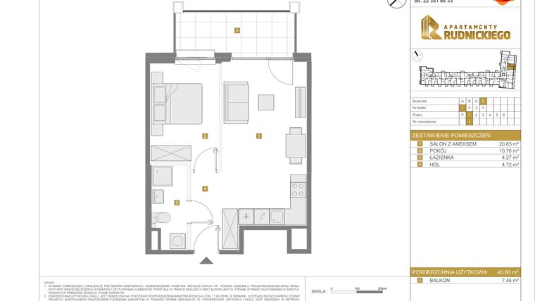 Rzut - Mieszkanie na sprzedaż 2 pokoje o powierzchni 40,6 m² - numer D.4 w Apartamenty Rudnickiego