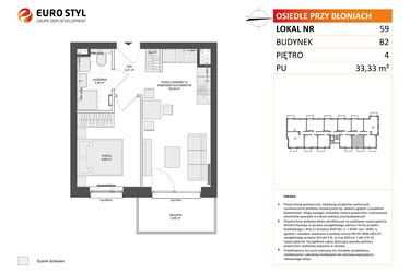 Rzut - Mieszkanie na sprzedaż 2 pokoje o powierzchni 33,33 m² - numer B2.59 w Osiedle Przy Błoniach 3 etap III