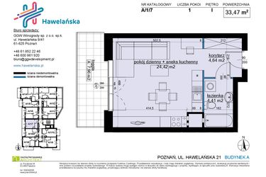 Rzut - Mieszkanie na sprzedaż 1 pokój o powierzchni 33,47 m² - numer A/1/7 w Osiedle Hawelańska etap III - bud. A