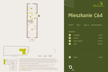 Rzut - Mieszkanie na sprzedaż 2 pokoje o powierzchni 46 m² - numer C64 w Osiedle Imbramowskie