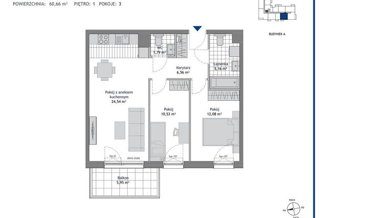 Rzut - Mieszkanie na sprzedaż 3 pokoje o powierzchni 60,66 m² - numer A.1.10 w Linea bud. A