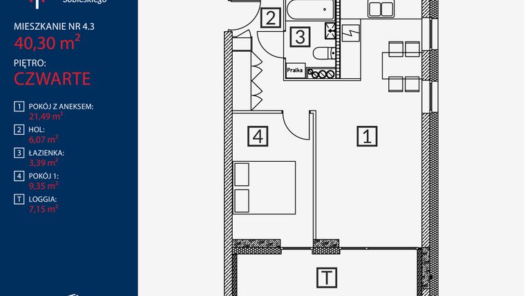 Rzut - Mieszkanie na sprzedaż 2 pokoje o powierzchni 40,3 m² - numer B2.M.4.3 w Tarasy Sobieskiego