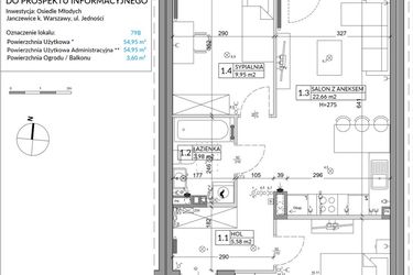 Rzut - Mieszkanie na sprzedaż 3 pokoje o powierzchni 54,95 m² - numer 79B w Osiedle Młodych etap VII