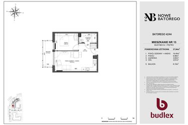 Rzut - Mieszkanie na sprzedaż 2 pokoje o powierzchni 37,94 m² - numer B13 w Nowe Batorego 2