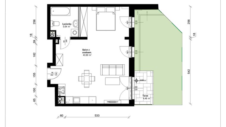Rzut - Mieszkanie na sprzedaż 1 pokój o powierzchni 50,09 m² - numer A.0.04.1a w ATRIUM