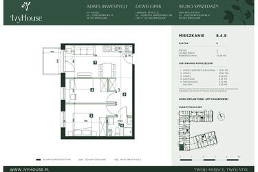 Rzut - Mieszkanie na sprzedaż 3 pokoje o powierzchni 43,39 m² - numer B.4.8 w IVY HOUSE