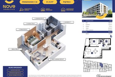 Rzut - Mieszkanie na sprzedaż 2 pokoje o powierzchni 51,04 m² - numer M12 w Nove Dobczyce
