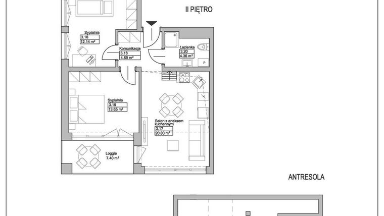 Rzut - Mieszkanie na sprzedaż 2 pokoje o powierzchni 68,34 m² - numer M28 w Ogrody Reymonta