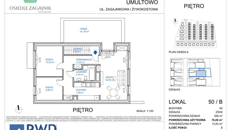 Rzut - Mieszkanie na sprzedaż 3 pokoje o powierzchni 76,09 m² - numer 50B w Osiedle Zagajnik - etap I