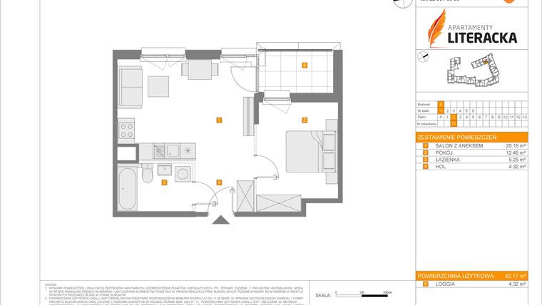 Rzut - Mieszkanie na sprzedaż 2 pokoje o powierzchni 42,17 m² - numer E.11 w Apartamenty Literacka etap 2.2