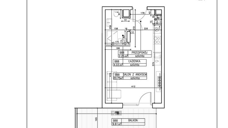 Rzut - Mieszkanie na sprzedaż 1 pokój o powierzchni 27,03 m² - numer B88 w Symfonia - Chodkiewicza 9