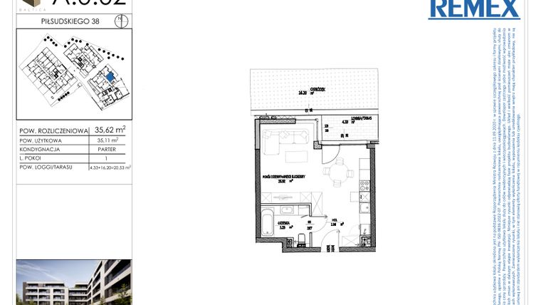 Rzut - Mieszkanie na sprzedaż 1 pokój o powierzchni 35,62 m² - numer A.0.02 w Osiedle BALTICA