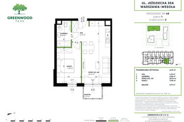 Rzut - Mieszkanie na sprzedaż 2 pokoje o powierzchni 41,97 m² - numer B 48 w Greenwood Park
