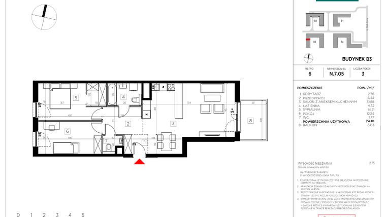 Rzut - Mieszkanie na sprzedaż 3 pokoje o powierzchni 74,1 m² - numer N.7.05 w CityFlow etap II