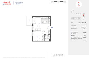 Rzut - Mieszkanie na sprzedaż 2 pokoje o powierzchni 45,13 m² - numer A3.101.M02 w Mieszkaj w mieście - Ogrody Glogera