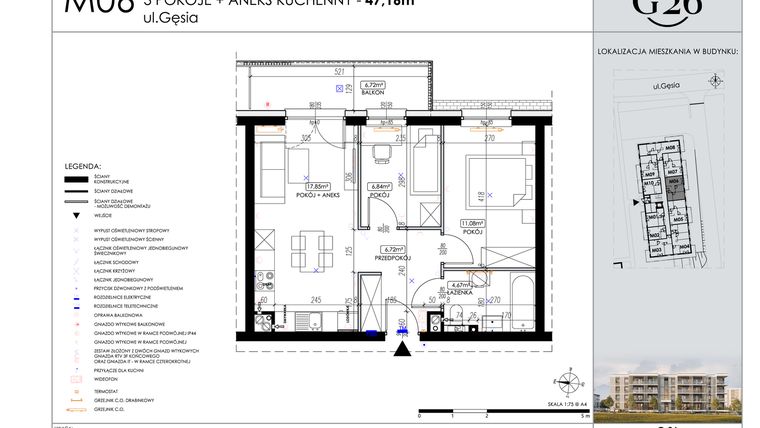 Rzut - Mieszkanie na sprzedaż 3 pokoje o powierzchni 47,16 m² - numer 6 w Gęsia 26
