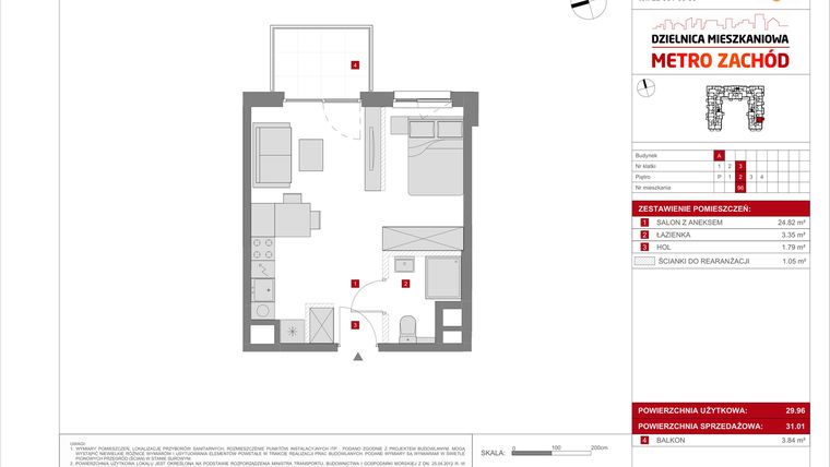 Rzut - Mieszkanie na sprzedaż 1 pokój o powierzchni 31,01 m² - numer A.96 w Dzielnica Mieszkaniowa Metro Zachód - etap 8.1
