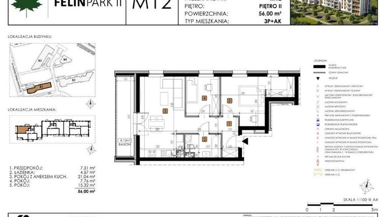 Rzut - Mieszkanie na sprzedaż 3 pokoje o powierzchni 56 m² - numer B1.M12 w Felin Park II